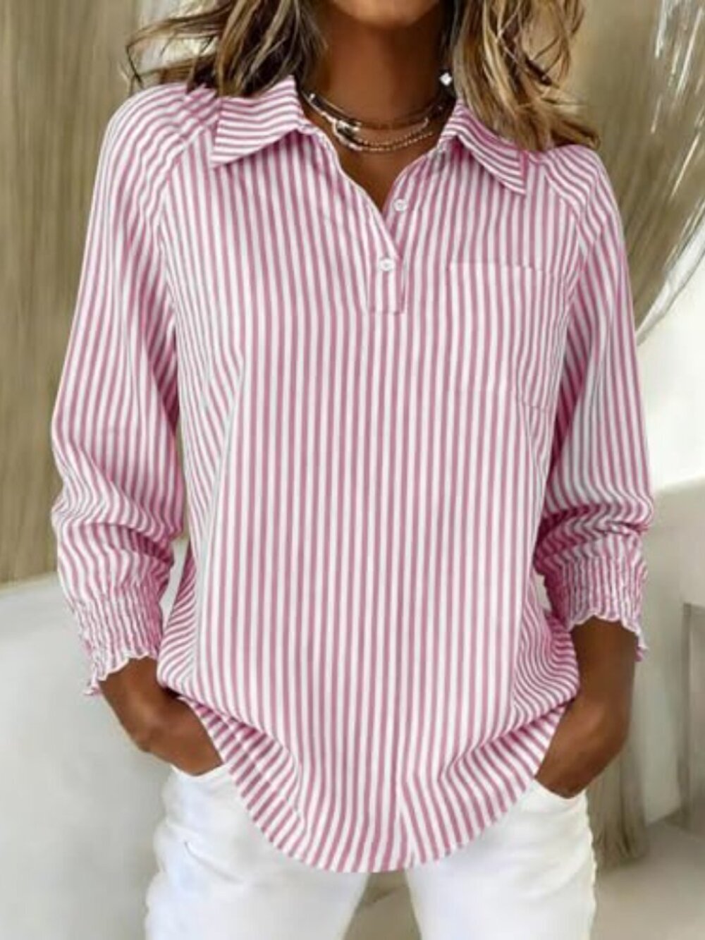 🆕 Button Down Shirts for Women Oversized Striped Long Sleeve Collared V Neck - Picture 3 of 6